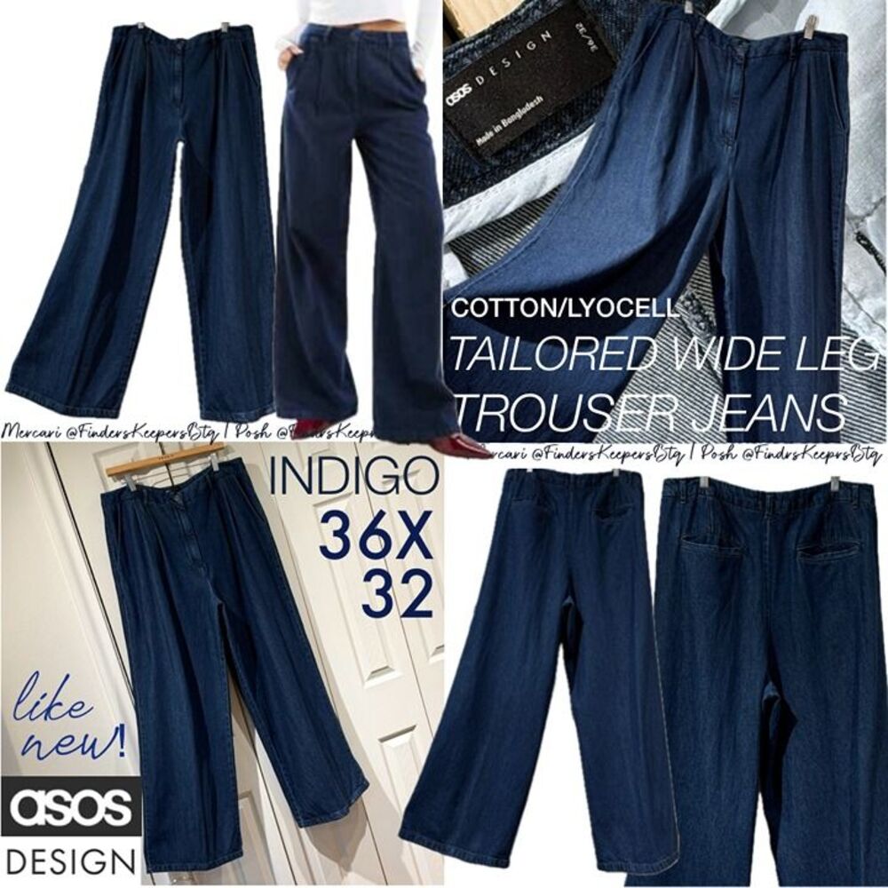 LIKE NEW ASOS Design Dark Wash Tailored Wide Leg Pleated Denim Trouser Jeans 16